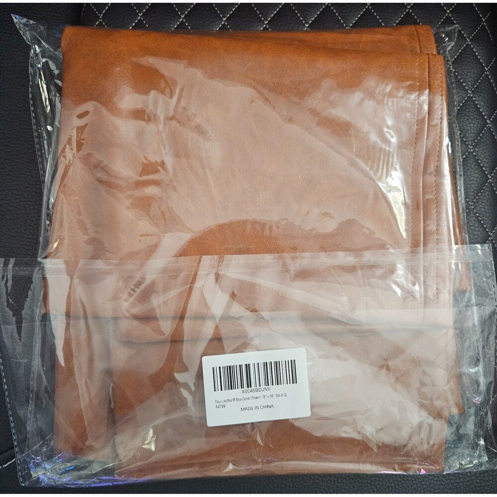 Faux Leather Farmhouse Throw Pillow Covers - Brown Leather 18" x 18" - Set of 2 - Picture 4 of 4